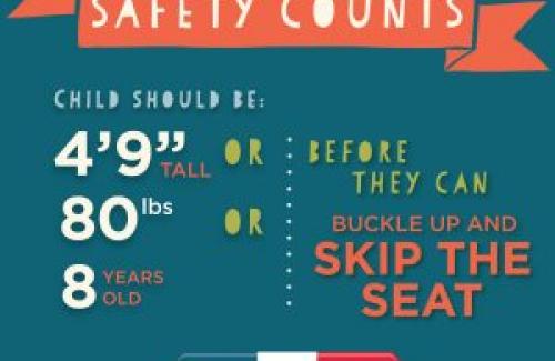 Safety Counts. Children should be 4'9" tall, 80 lbs, or 8 years old before they can buckle up and skip the seat. -Arrive Alive